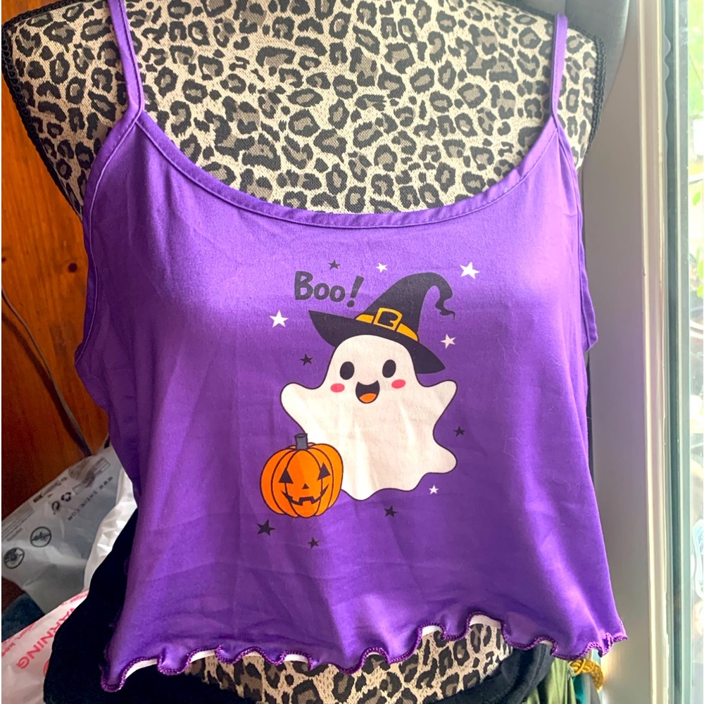 Cute purple Halloween Ghost w/ pumpkin & hat loungewear pajama crop top cami XL